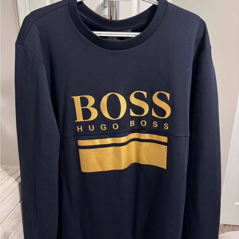 Boss Men's Navy Crewneck Sweatshirt with Gold Logo